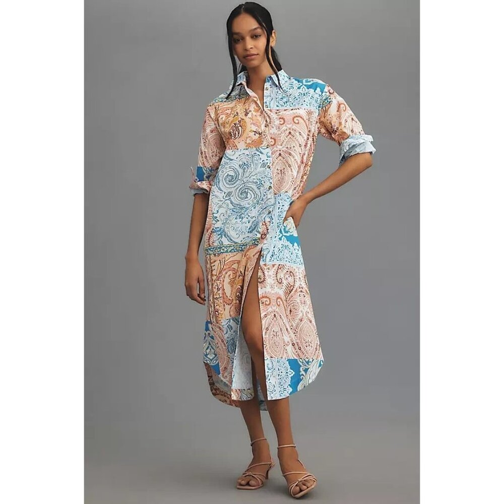 NWT Anthropologie Maeve The Soren in Pink Paisley Mix Cotton Midi Shirt Dress XS